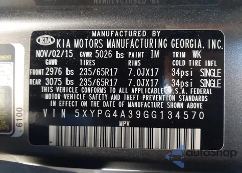 2016 Kia Sorento 2.4L Lx from USA, damaged, VIN 5XYPG4A39GG134570